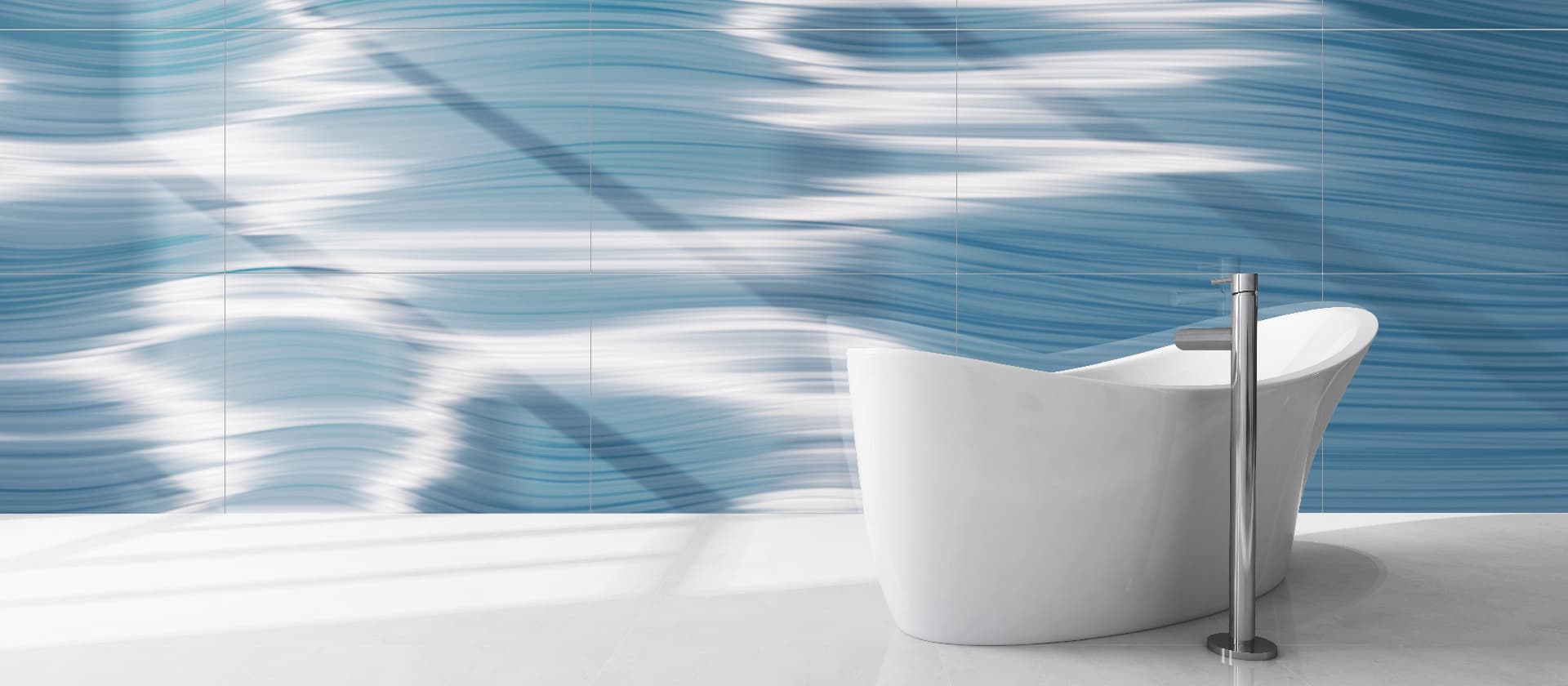 Glastrix UV-printed glass panel — white bathtub against blue wave wall