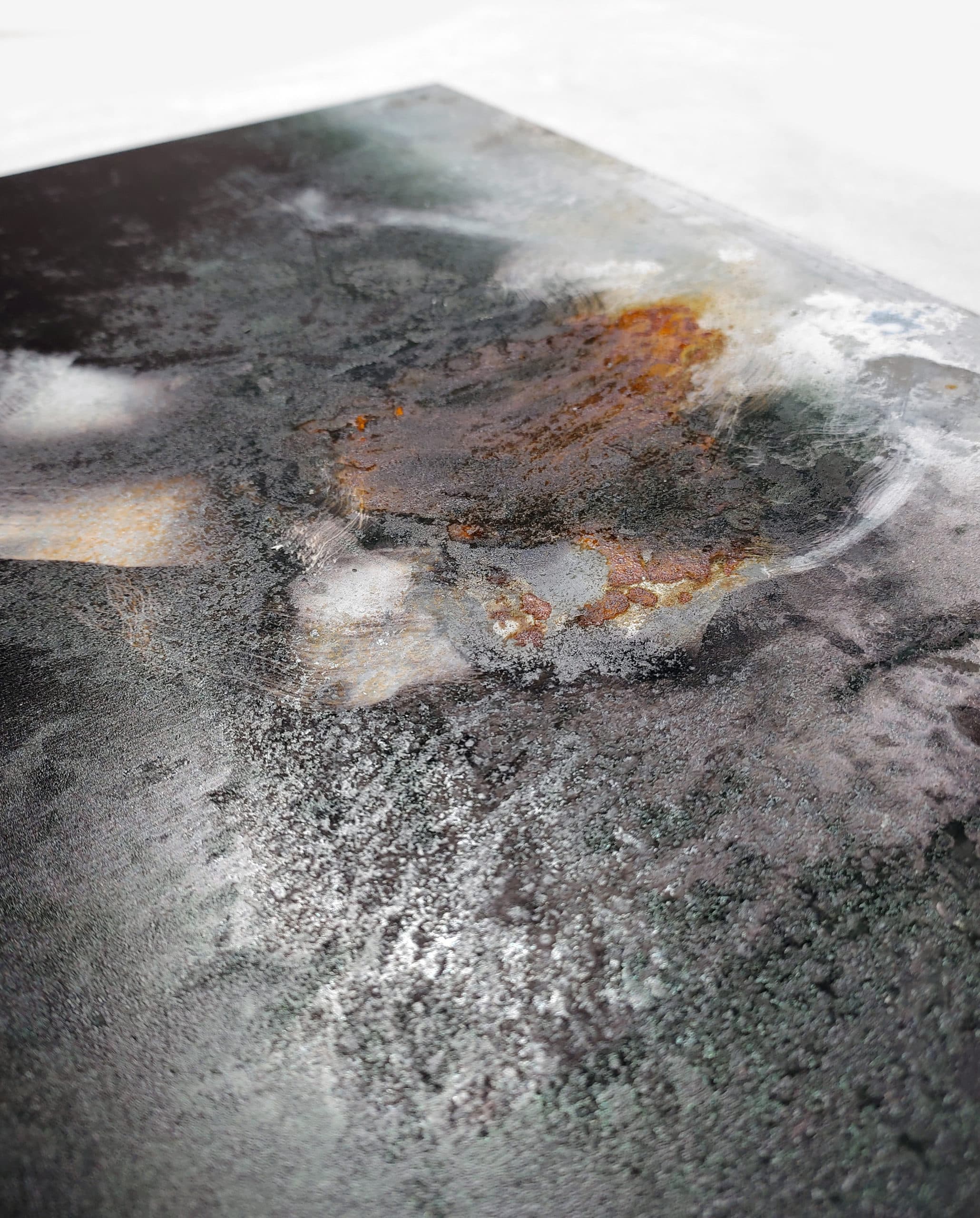 UV print on rusted metal โ art series Ionenwanderung by Bert Silzner