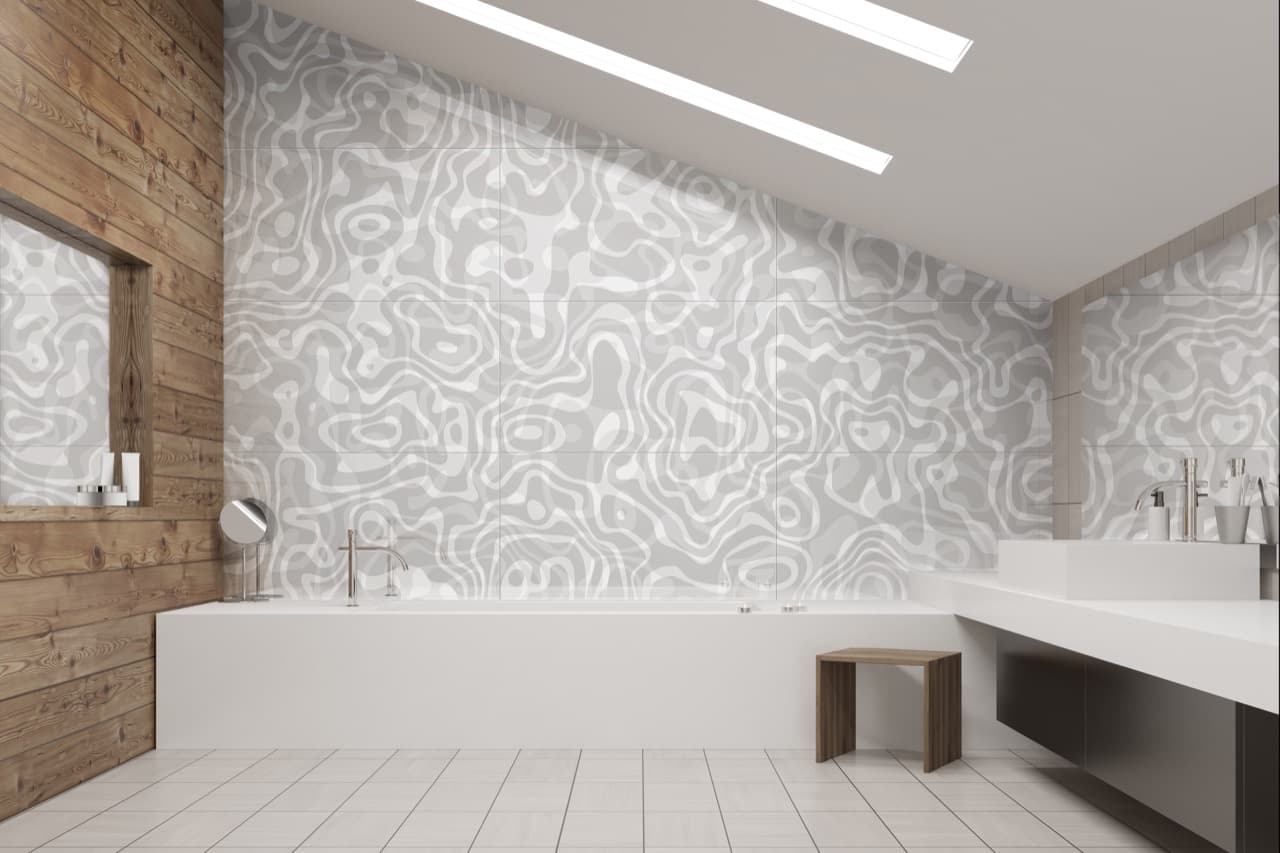UV-printed glass bathroom tiles — ornament control design partnership Glastrix Berlin