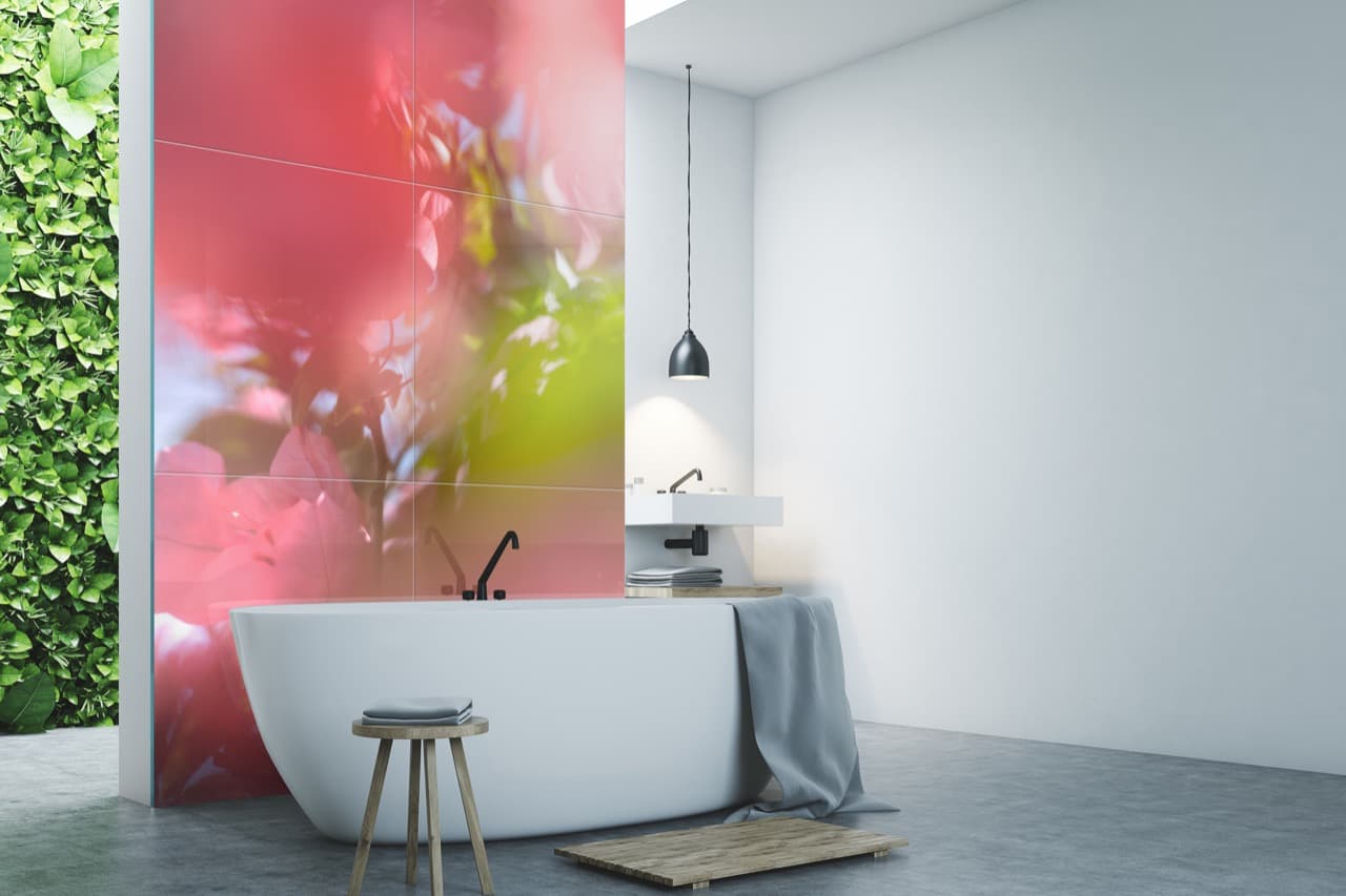 UV-printed glass bathroom tiles — ornament control design partnership Glastrix Berlin