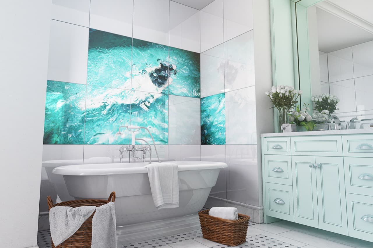 UV-printed glass bathroom tiles — ornament control design partnership Glastrix Berlin