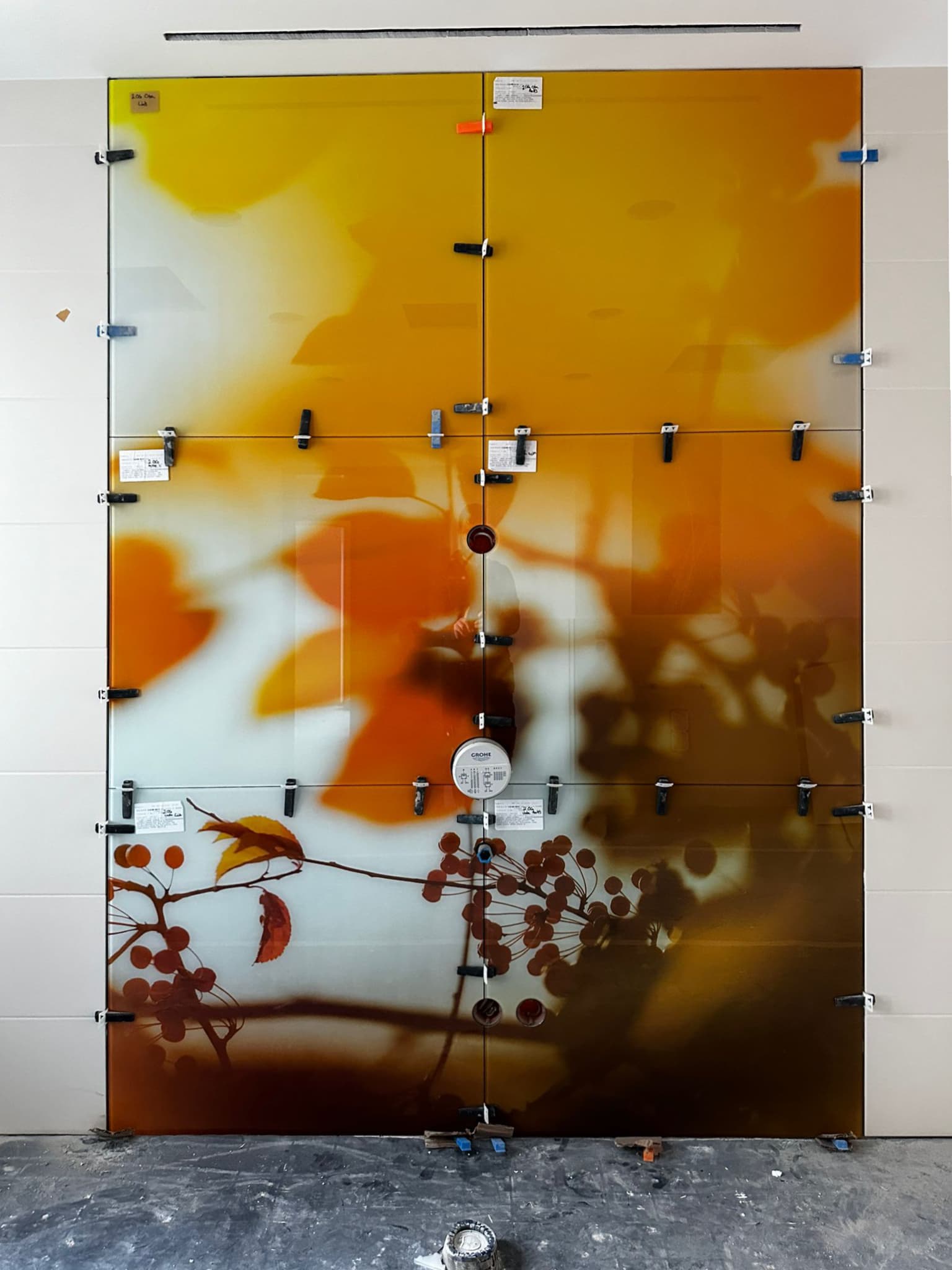 UV-printed glass bathroom tiles — ornament control design partnership Glastrix Berlin
