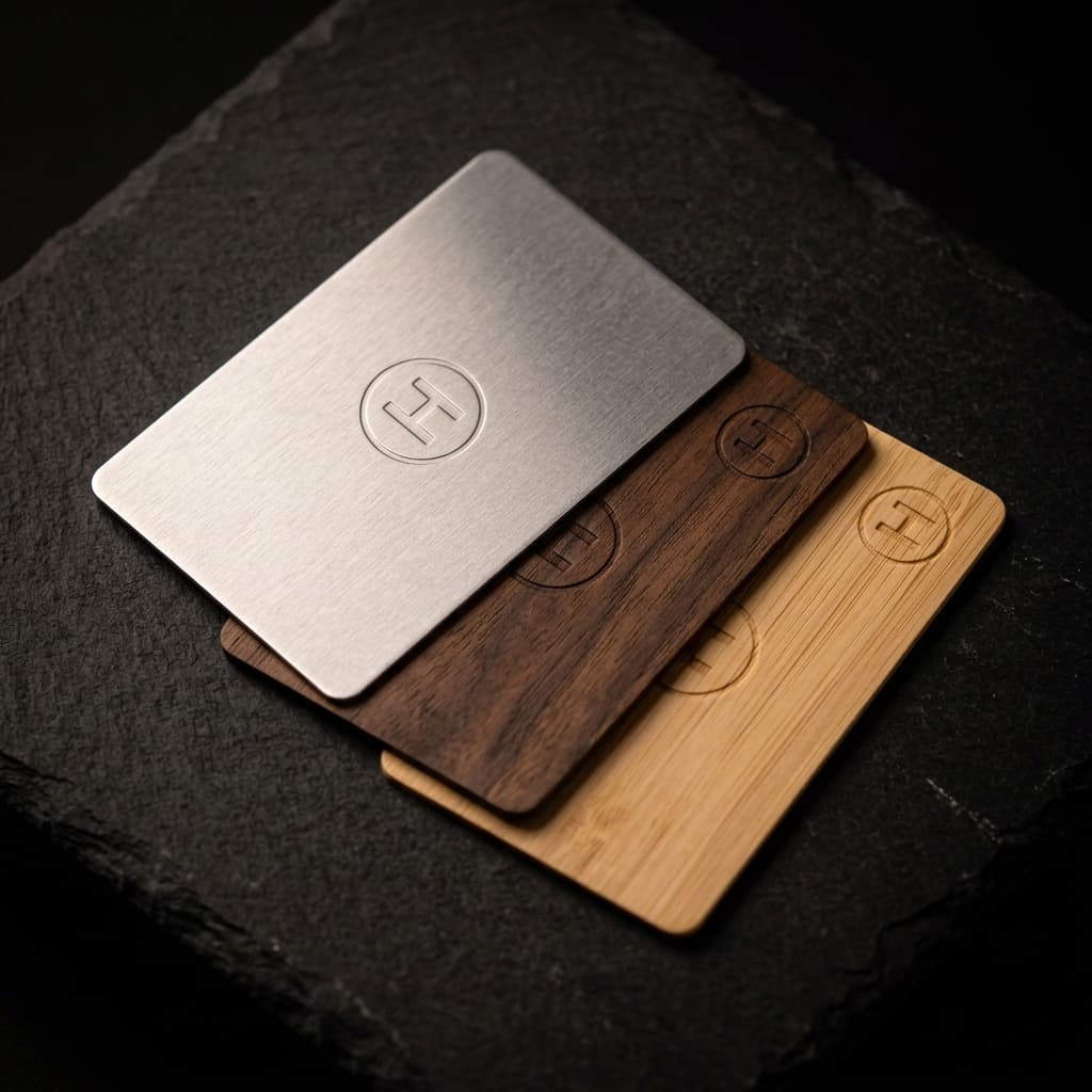 Premium Hotelkarten — Metall, Holz und Bambus