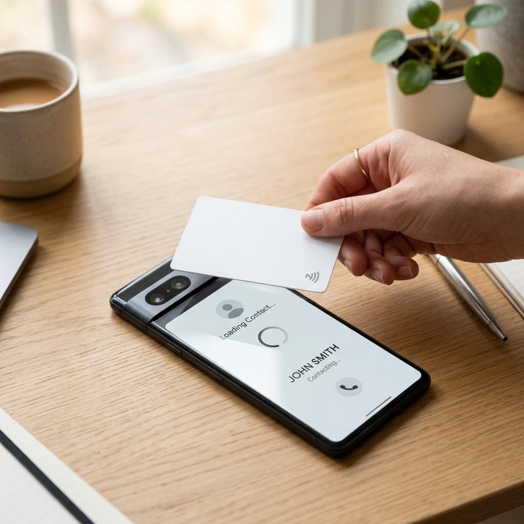Tapping a NFC business card to a smartphone